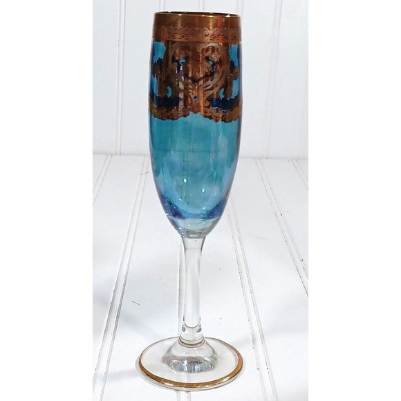 GlassOfVenice Murano Glass Champagne Flutes 24K Gold Leaf - Blue Set 4 Vintage - Picture 14 of 16